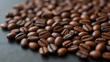 Obraz premium Pile of Fresh Roasted Coffee Beans on Dark Surface - Aromatic Ingredient for Coffee Drinks and Coffee Culture