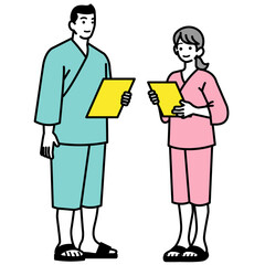 検査着を着て検査リストを見る男女