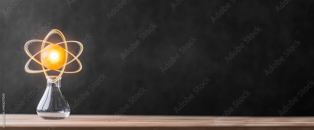 Poster atom in flask science experiment innovation and education concept