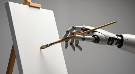 AI Art Creation - Robotic hand painting on blank canvas  