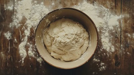 Top-down view of bread dough being mixed in a ceramic bowl with flour scattered on a wooden countertop