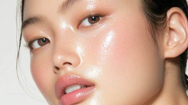 A close up photo showcasing a radiant woman with dewy skin