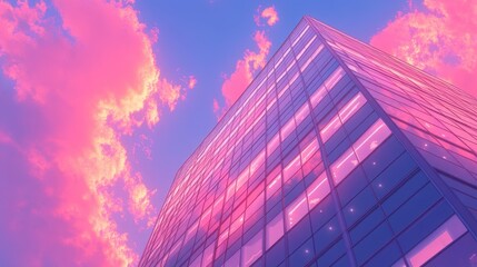 Ethereal cityscape dreamy pink building under a vibrant twilight sky blending urban architecture with fantasy tones creating a surreal ambiance