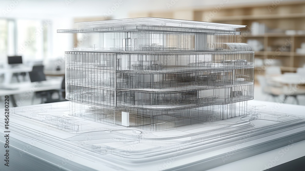 Poster architectural vision of a futuristic layered structure within an office, demonstrating progressive d