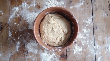 Top-down view of bread dough being mixed in a ceramic bowl with flour scattered on a wooden countertop