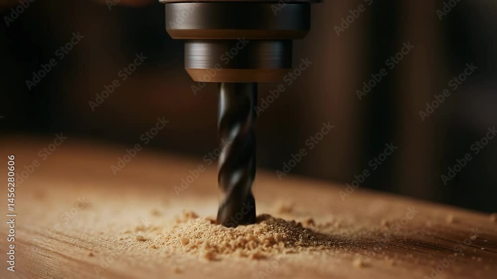 Poster drill bit cutting wood in workshop woodwork creating fine dust and shavings with close up view of de