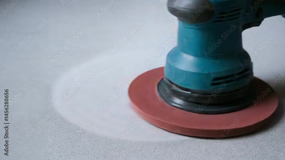 Poster electric sander tool sanding woodwork surface in workshop for power sanding and smoothing with fine 