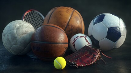 Collection of various sports balls and equipment, displayed in a setting.