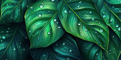 Fototapeta premium Lush foliage adorned with shimmering water droplets: a vibrant natural tapestry