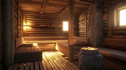 Traditional wooden Scandinavian sauna interior with tiered benches, wooden walls, and a stone heater glowing with warm light