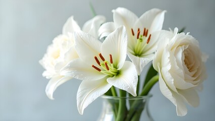 Floral Bouquet of White Lilies and Roses in a Vase for Decoration or Gift - Botanical Still Life