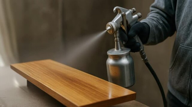 Woodwork spray finishing in workshop with spray gun applying protective coating on wooden plank for smooth polished surface and careful skill