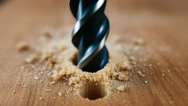 Drill bit cutting woodwork in workshop creating fine sawdust and clean hole with precision and craftsmanship in woodworking environment