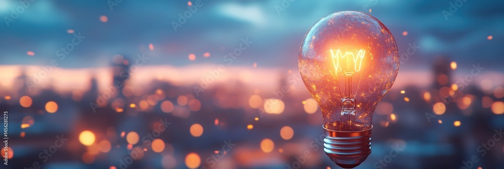 Poster scenic view of illuminated light bulb against a dusk urban background with bokeh effect and sparklin