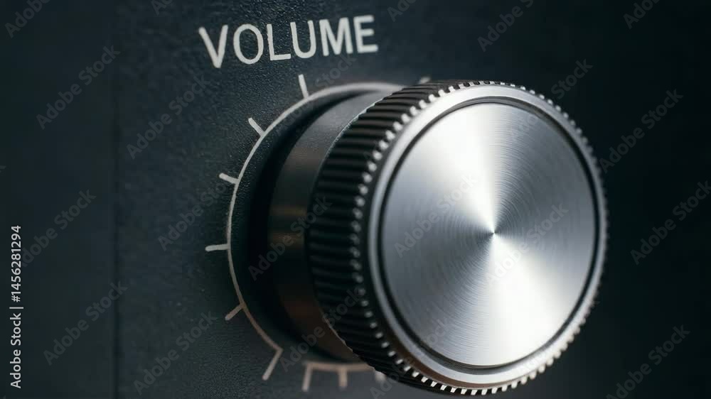 Poster volume control knob hand adjustment close up with detailed texture and lighting workshop setting wit