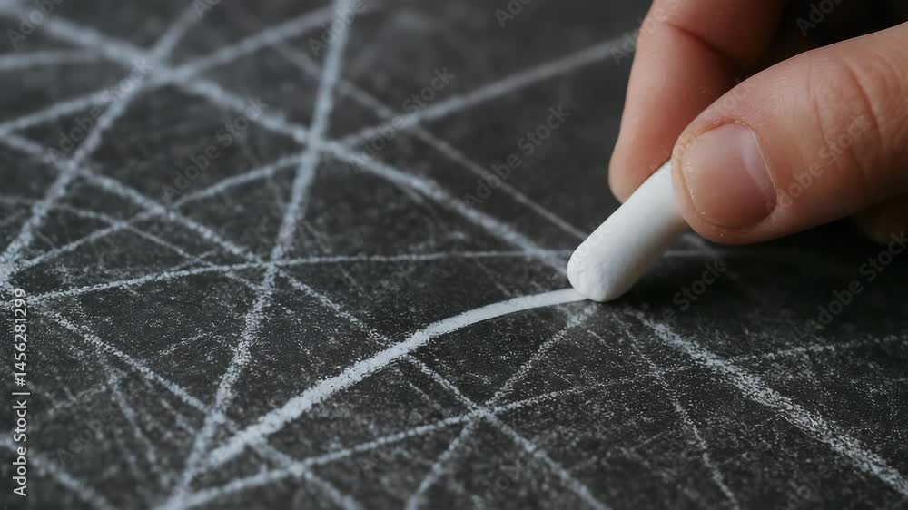 Poster chalk drawing on blackboard with hand creating geometric line patterns in woodwork workshop combinin