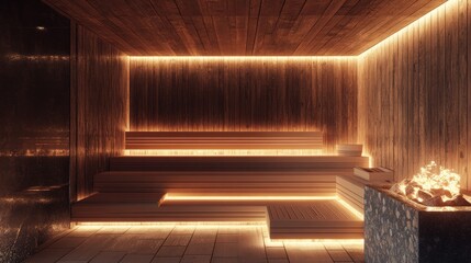 Traditional wooden Scandinavian sauna interior with tiered benches, wooden walls, and a stone heater glowing with warm light
