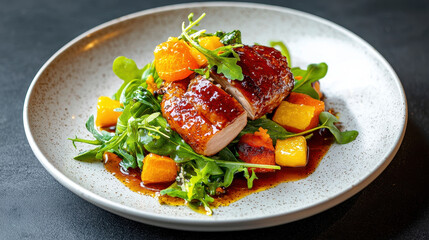 Beautifully plated dish featuring succulent roasted meat, vibrant greens, and colorful vegetables, creating delightful culinary experience