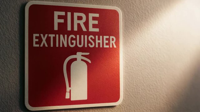 Fire extinguisher safety sign with red and white text mounted on textured wall in workshop for fire hazard awareness and woodwork safety
