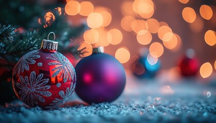 Fototapeta premium Vibrant Christmas Ornaments with Warm Bokeh Lights on Soft Surface for Festive Holiday Atmosphere