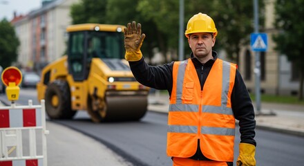 Construction Worker Signaling Stop with Hand Gesture, Roadworks, Asphalt Paving, Traffic Control