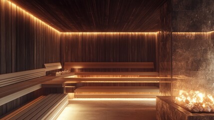 Traditional wooden Scandinavian sauna interior with tiered benches, wooden walls, and a stone heater glowing with warm light
