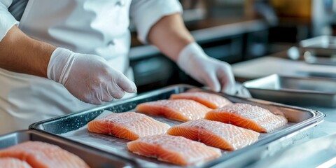 A chef carefully prepares salmon fillets on a metal tray. The process highlights culinary skills and freshness. Ideal for cooking blogs and food photography. AI