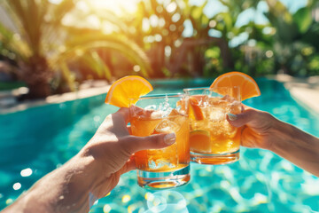 Refreshing summer cocktails enjoyed poolside with friends, featuring citrus slices and sparkling bubbles in the sunlight.