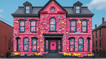 Fototapeta premium Whimsical abode bedecked in floral delight a vibrant architectural marvel a delightful visual treat a celebration of artistic spirit