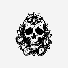 Ornate monochrome skull textured with strawberry seeds and topped with leaves in surreal food-themed illustration  