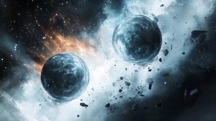 Dramatic illustration of binary neutron stars and their gravitational interactions in space