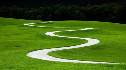 Obraz premium Serpentine pathway winding through lush green fields under a clear sky