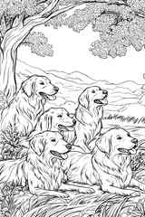 Dogs Playing On Open Lawn, coloring book style, vector design