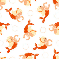 Cute little swimming mermaids with stylized pearls. Seamless vector pattern with playful design for children's textile
