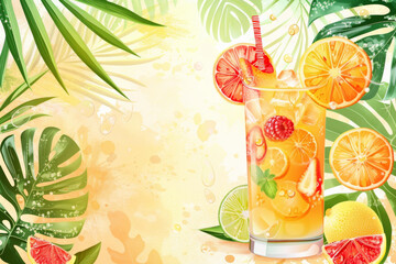 Vibrant tropical cocktail illustration set in a lush jungle with playful cherries and citrus slices under a pastel sky.