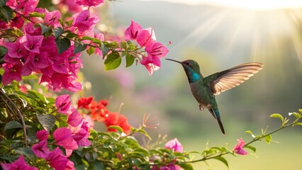Fototapeta premium Hummingbird at Bougainvillea Sunlit Composition, Vibrant Colors, Nature Photography, Bird, Flower Hummingbird, Bougainvillea