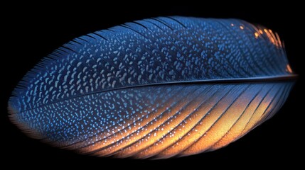 Detailed close-up of a vibrant bird feather, showcasing intricate patterns and a gradient of colors
