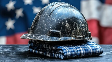 Dirty hard hat and work clothes on table, American flag background