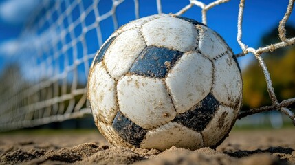 Naklejka premium Dirty soccer ball nestled in sand, near a net