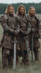 Naklejka premium Three medieval knights in ornate armor standing on grass field with swords.