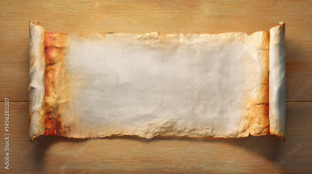 Poster ancient scroll-like piece of paper resting on a rustic wooden surface evoking a sense of history and