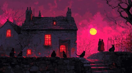 Pixelated haunted house at night under a crimson sky perfect for halloween season with mysterious figures and adorable black cats