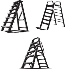 Black and White Silhouettes of Various Ladders – Step Ladder, Extension Ladder, Folding Ladder, and Tall Ladder Isolated on White Background