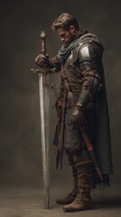 Obraz premium Medieval knight in battle-worn armor holding sword with solemn expression.