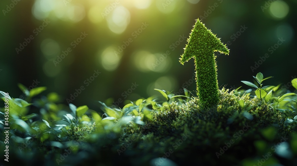Poster green arrow made of moss symbolizing growth and nature in a soft focus environment with sunlight str