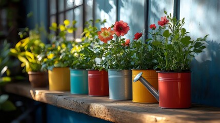 Fototapeta premium A vibrant display of colorful flower pots with varied blooms and greenery on a wooden shelf.