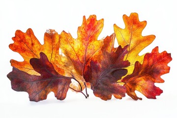 Fototapeta premium Vibrant autumn oak leaves, showcasing rich red, orange, and brown hues against a white background.