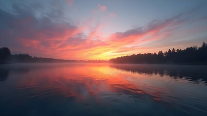 Spectacular Sunrise Over the Tranquil Lake With Golden Reflection in the water, with silhouette forest view