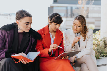 Young businesswomen collaborate outdoors, discussing ideas with a notebook and a tablet. They...