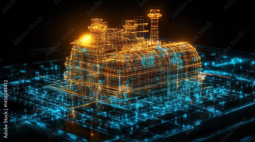 Poster abstract futuristic cityscape glowing with illuminated digital structures resembling networked metro